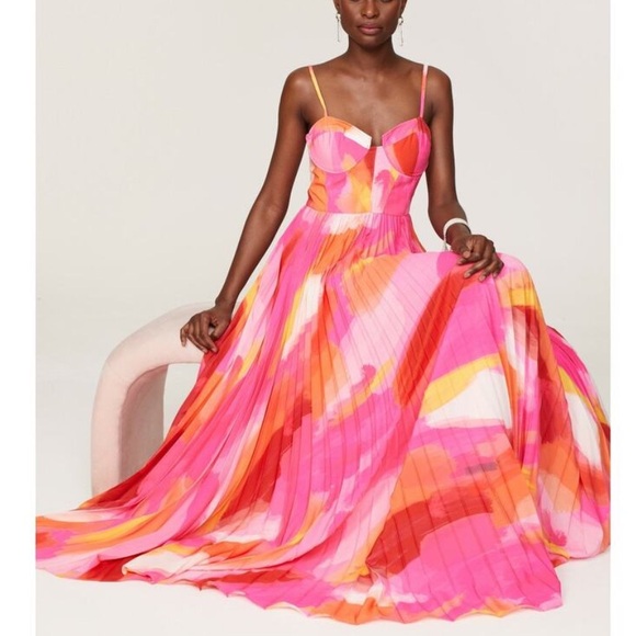 Hutch mali bustier Pink and Orange watercolor pleated Satin Gown - Picture 2 of 12